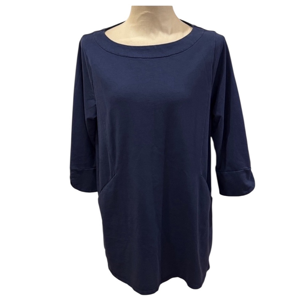 Inae Collection Blue Tunic Top Large 3/4 Sleeve Cotton Blend Pockets Minimalist